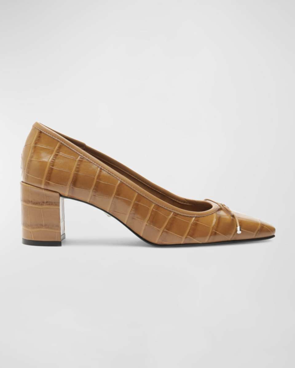 Arissa Croco Bow Square-Toe Pumps